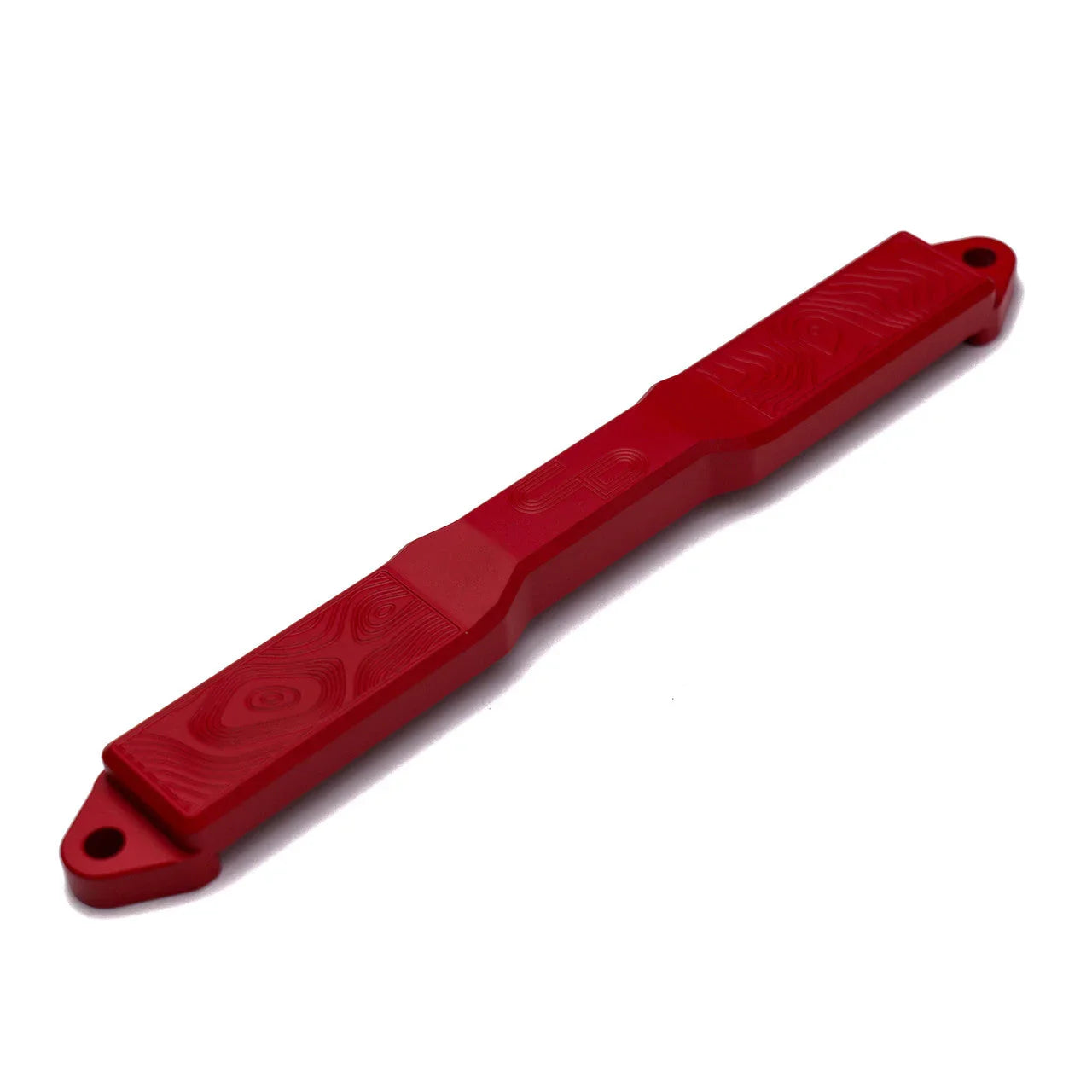 Red aluminum battery tie down for Toyota or Lexus vehicles, topographic pattern, on white background