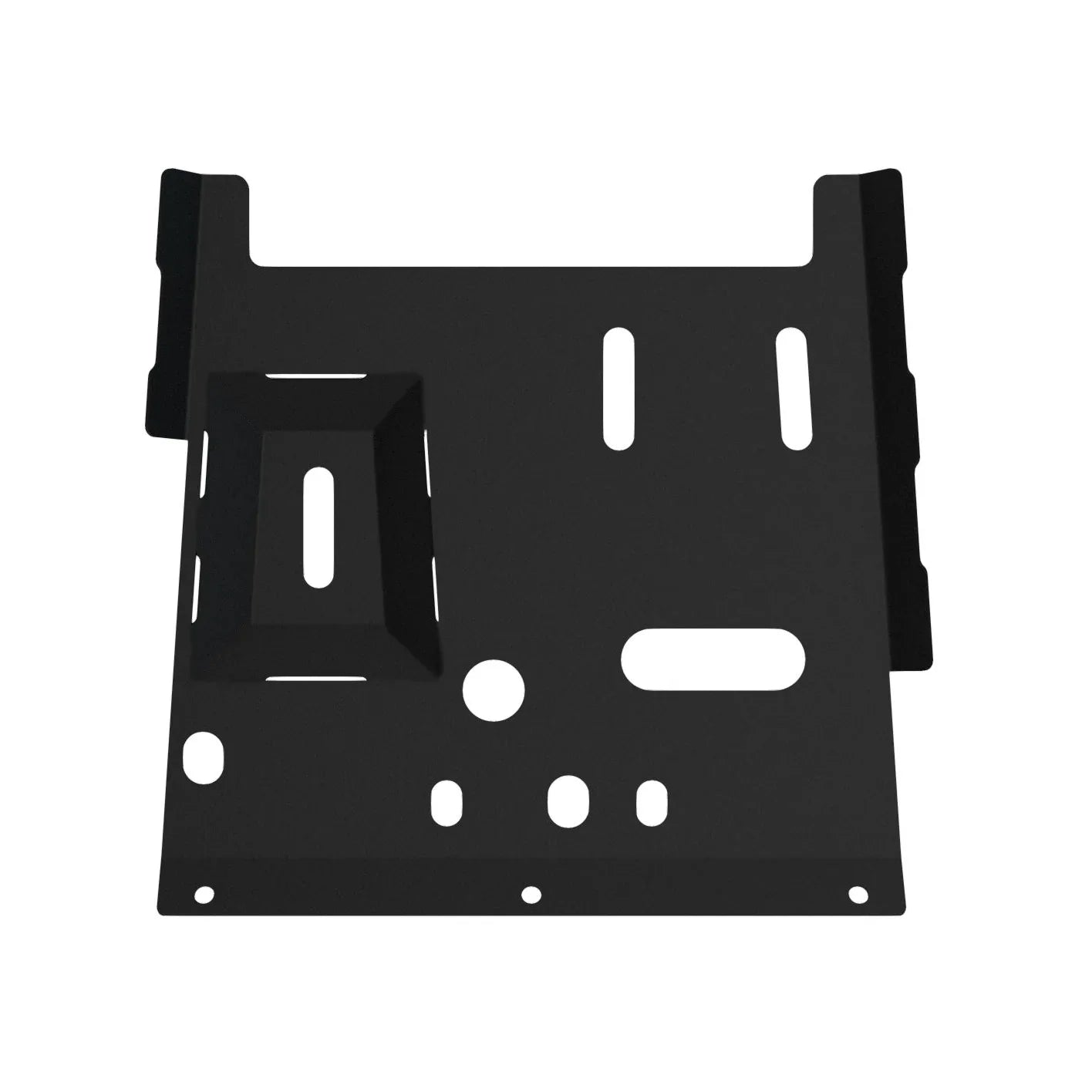 Black steel drop skid plate with cutouts for off-road vehicle undercarriage protection