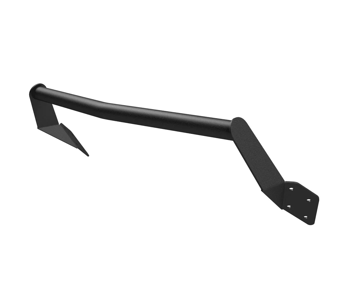 Black steel bull bar for off-road and overlanding vehicles, angled side brackets visible