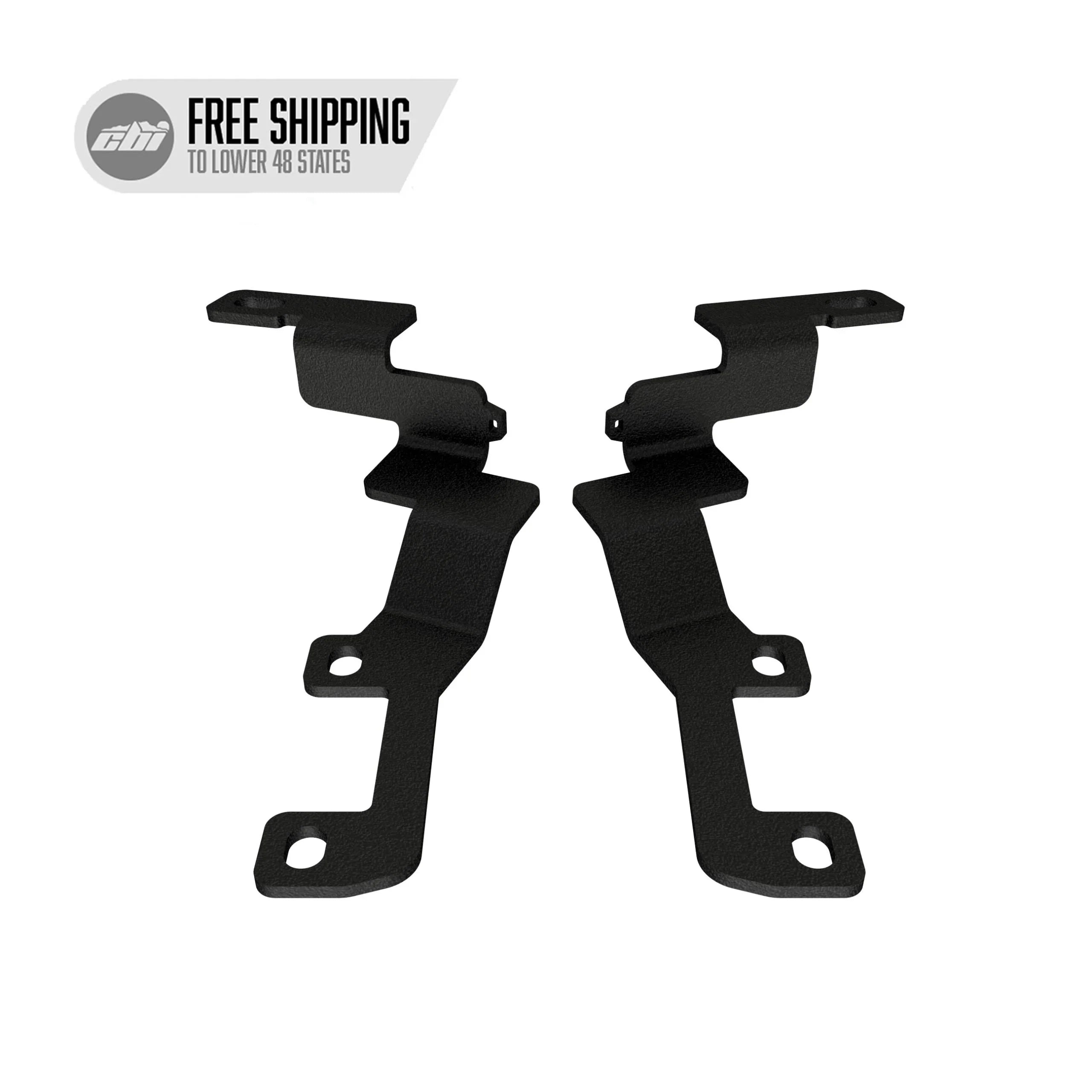 Pair of black metal vehicle mounting brackets for overlanding or camping accessories
