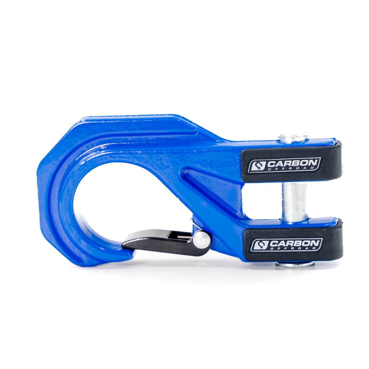 Blue heavy-duty winch hook for off-road vehicles, steel construction, safety latch