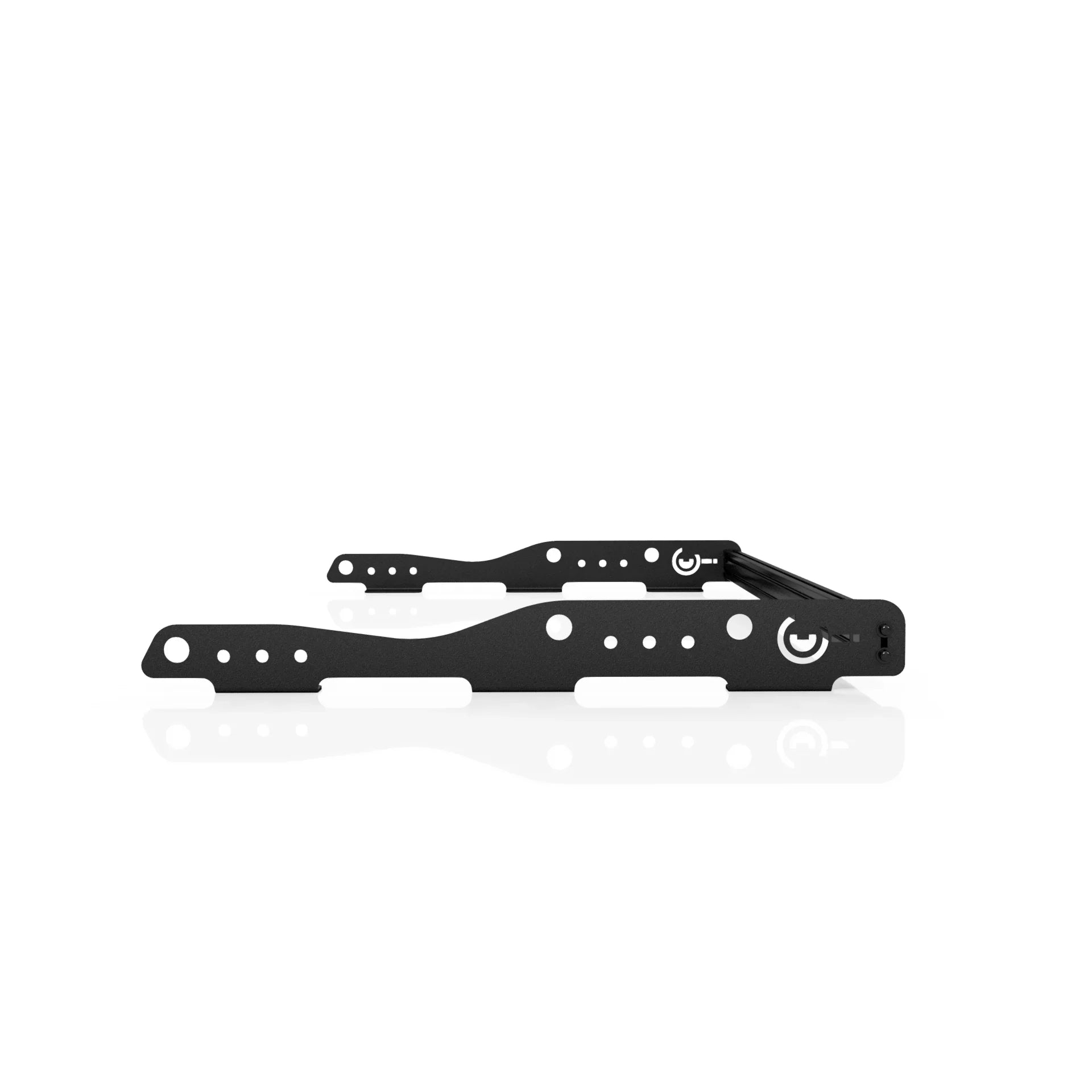 Black metal overland cargo basket mounting brackets with multiple holes, side view, on white background