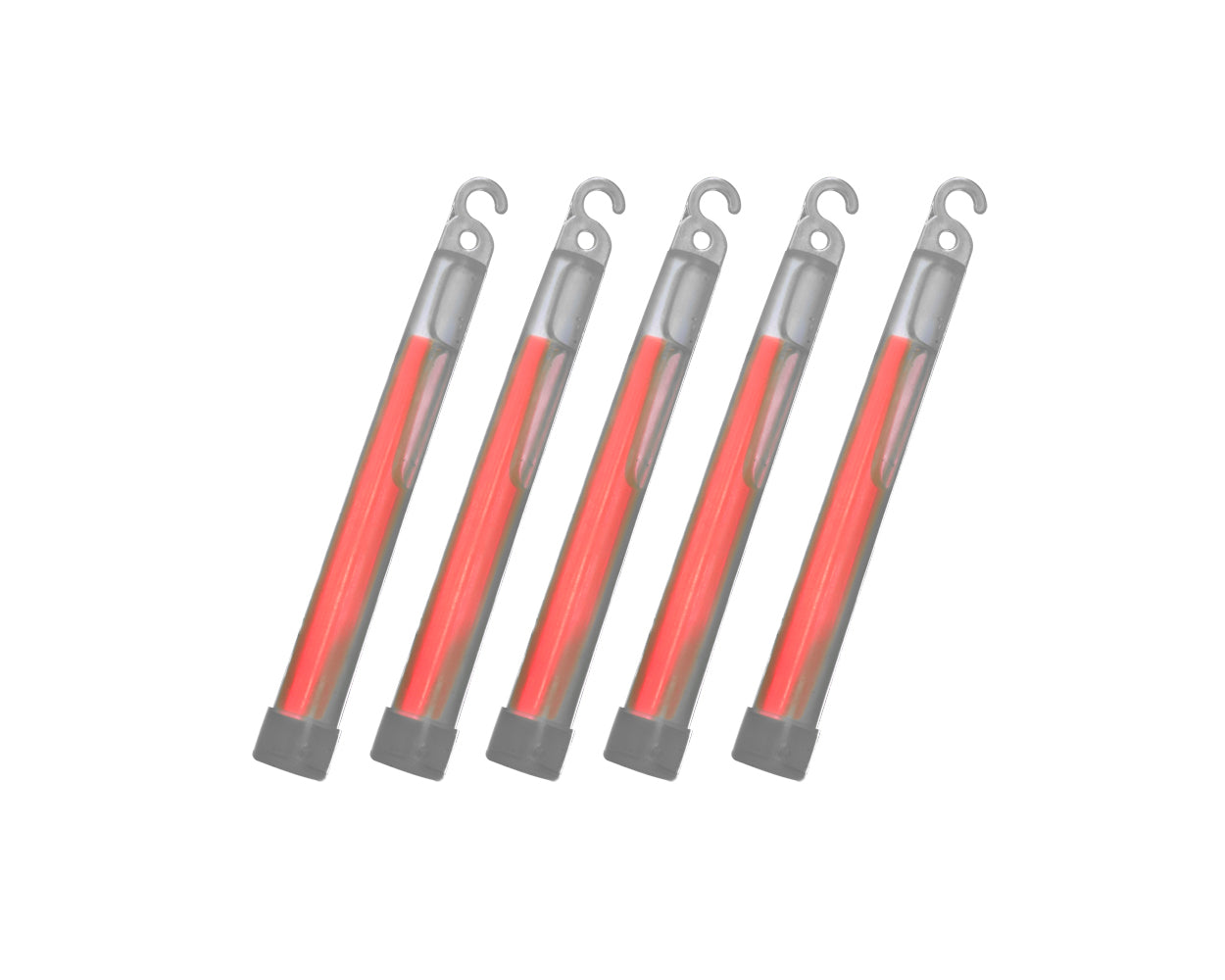 Set of five red chemlight glow sticks for camping and outdoor emergency lighting