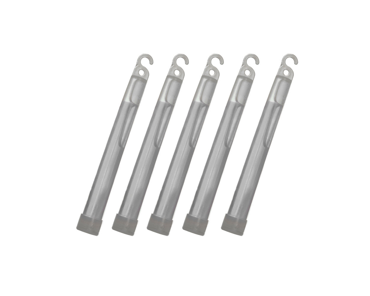 Set of five white chem light glow sticks with hooks for overlanding and camping