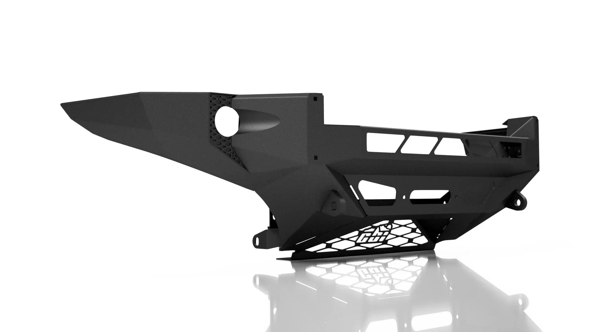 Heavy-duty off-road steel bumper with honeycomb vents for trucks and SUVs on white background