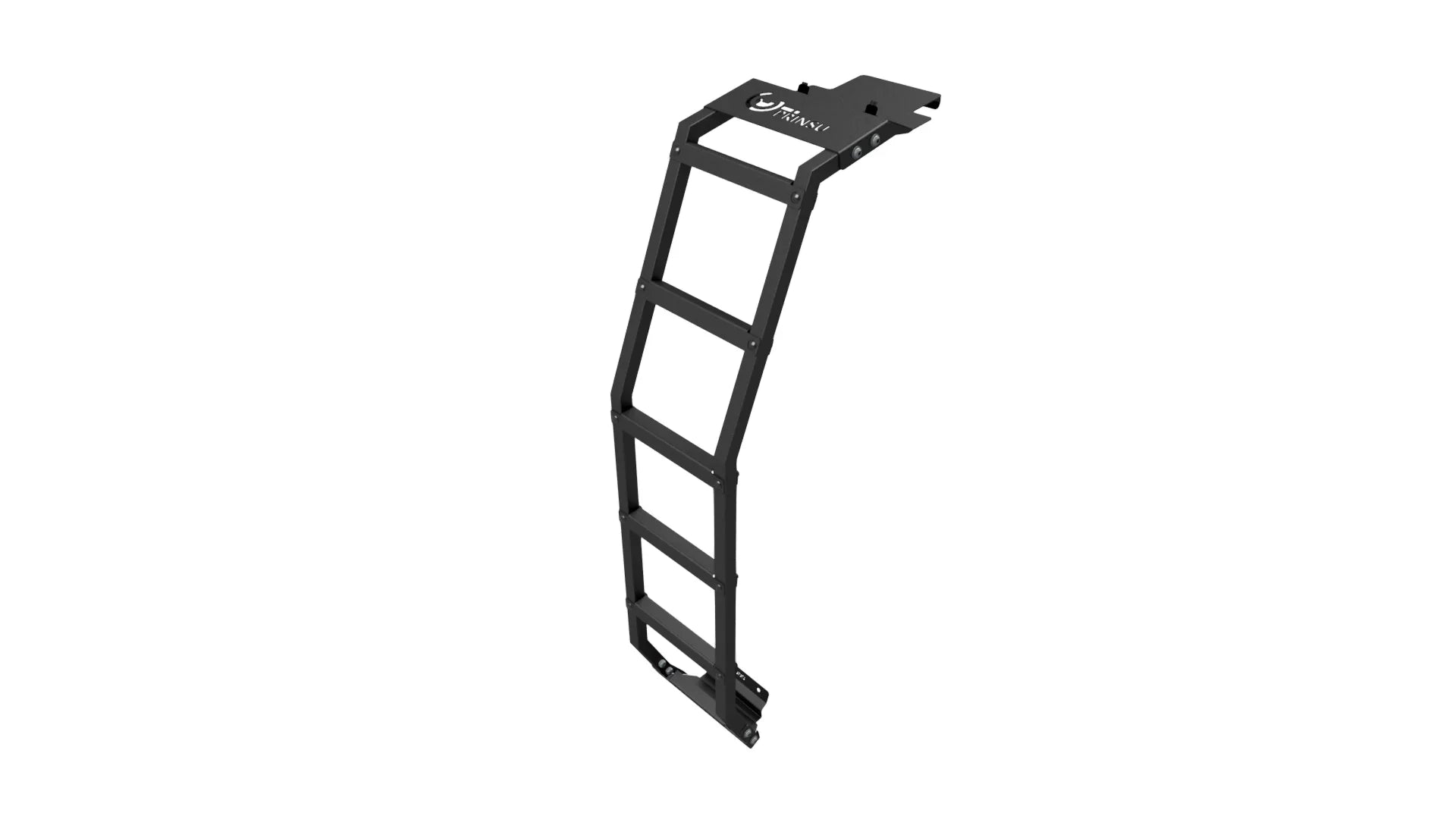 Black metal vehicle ladder for overlanding, angled design, isolated on white background