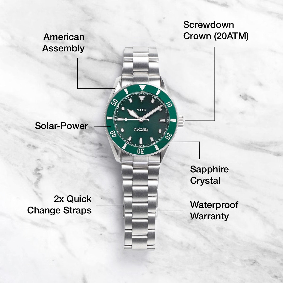 VAER D4 Meridian Green Solar Mens Watch - 38mm USA