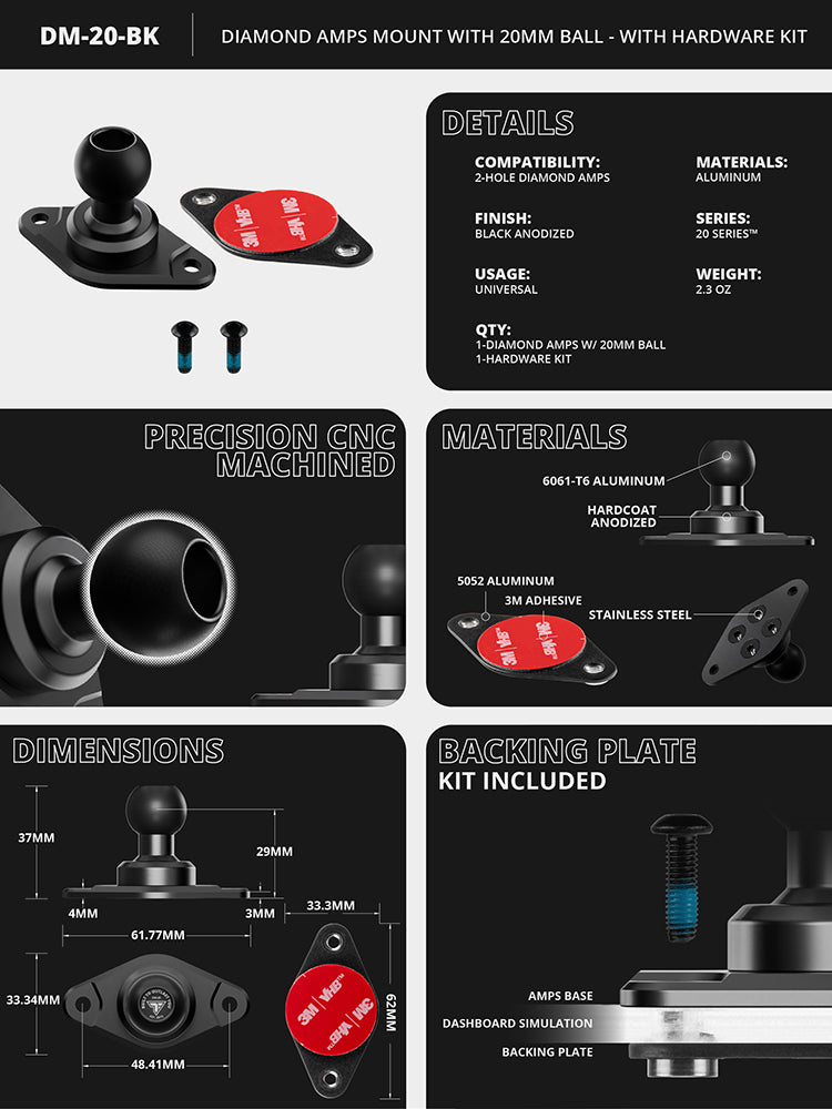Tackform diamond amps mount with 20mm metal ball for universal fit