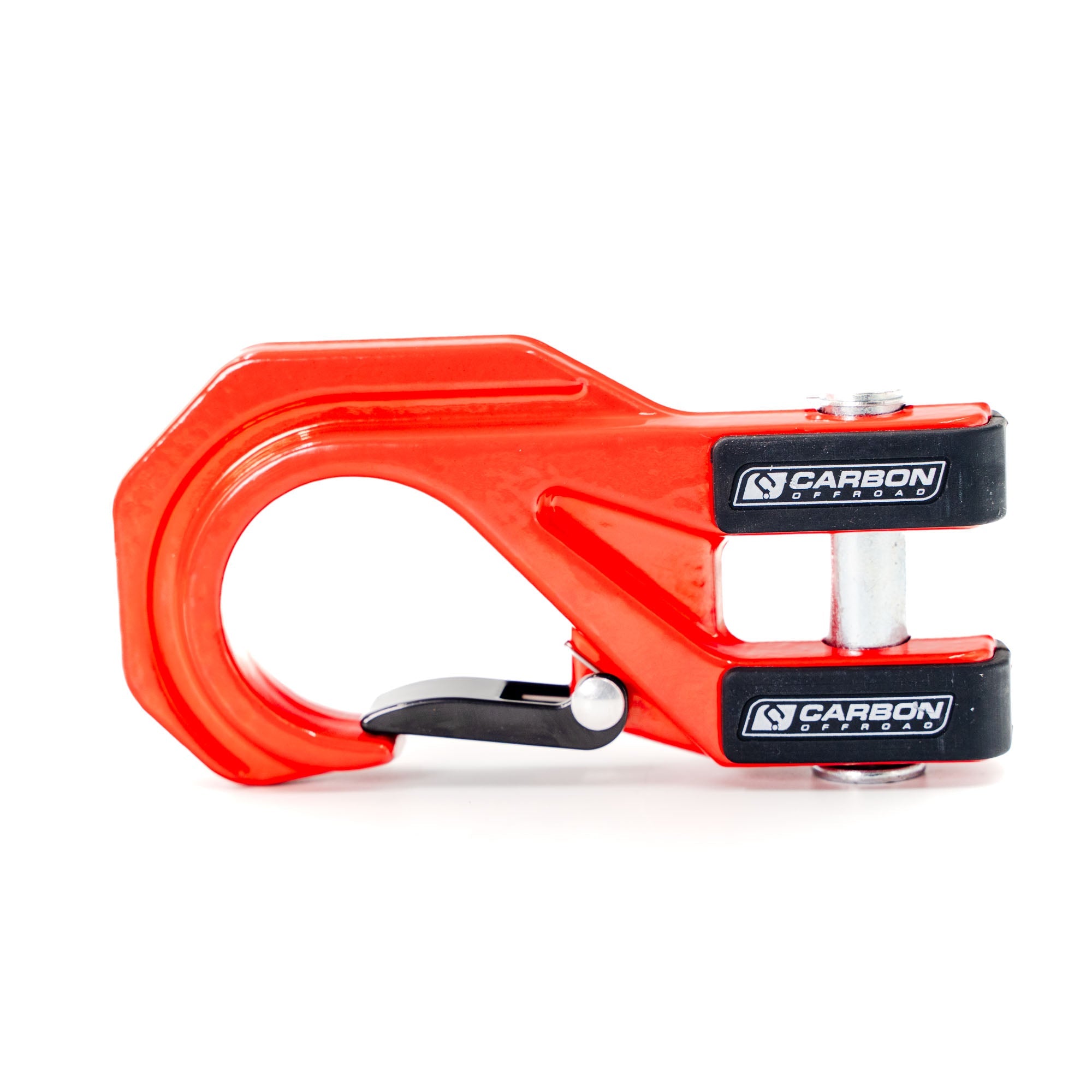 Red off-road recovery hook with Carbon Offroad logos on white background