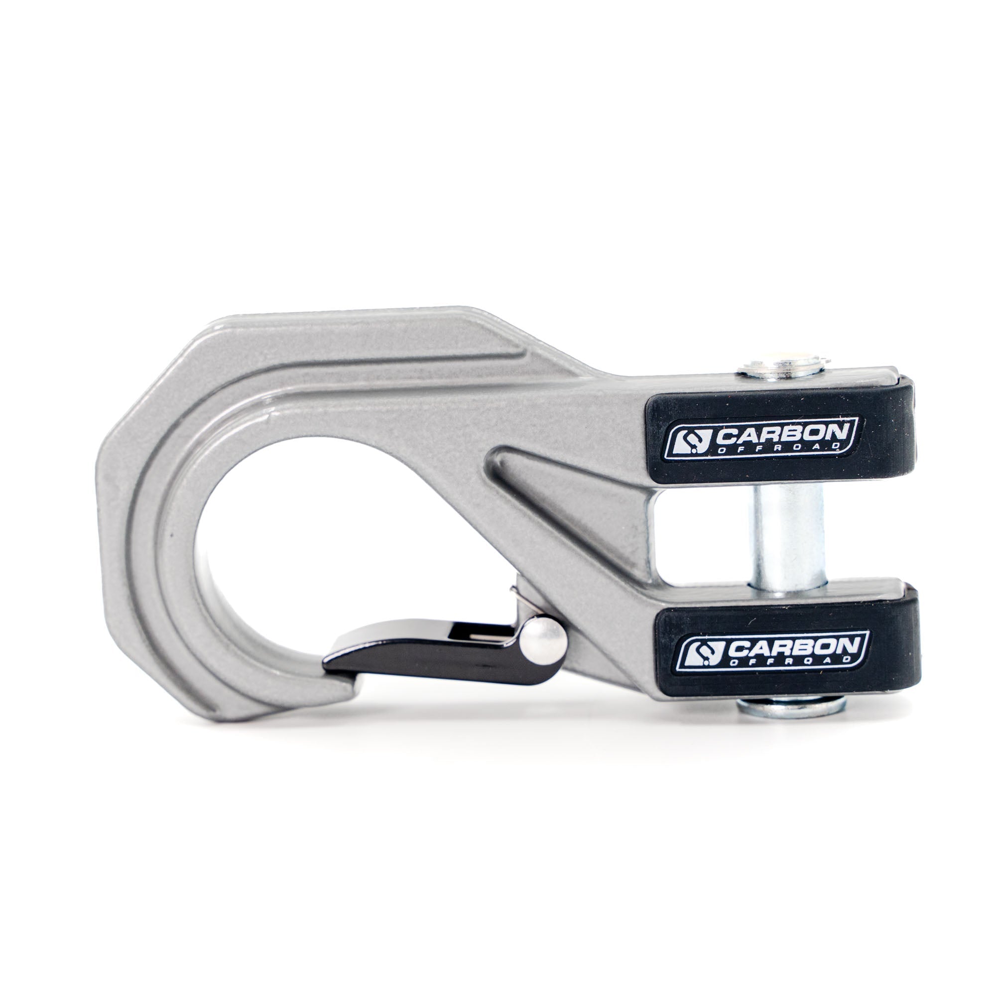 Metal off-road recovery winch hook with Carbon Offroad branding, isolated on white background