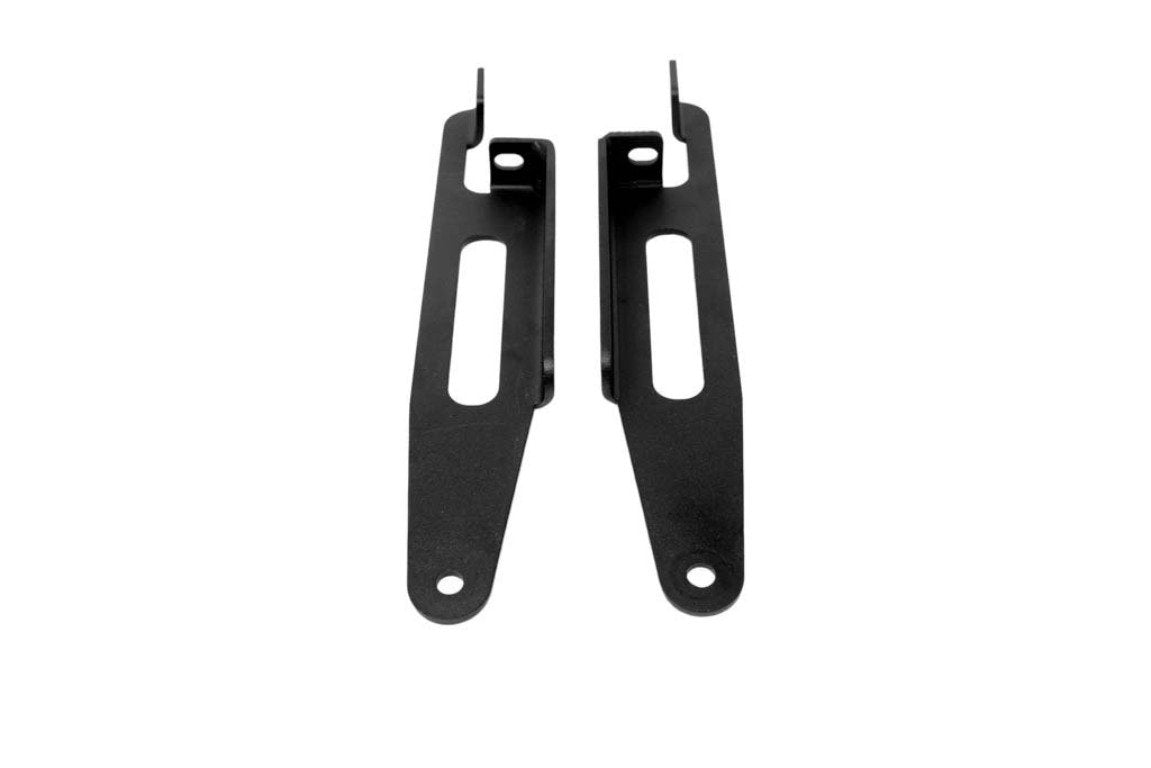 Pair of black metal mounting brackets for vehicle overlanding accessories