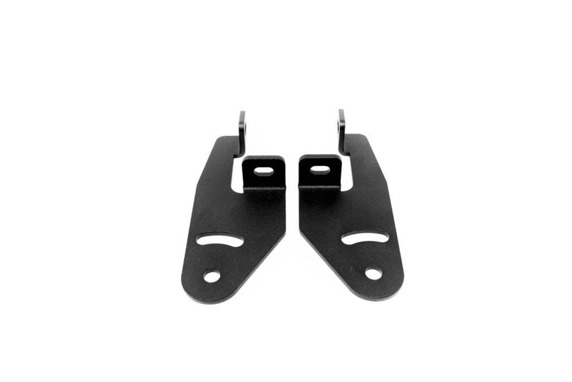 Pair of black steel mounting brackets for off-road vehicle accessories on white background