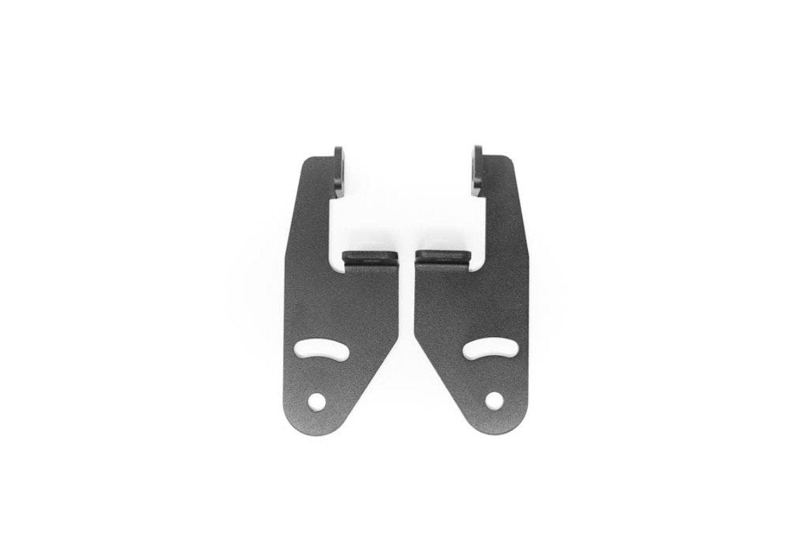 Pair of black steel mounting brackets for off-road vehicle accessories on white background