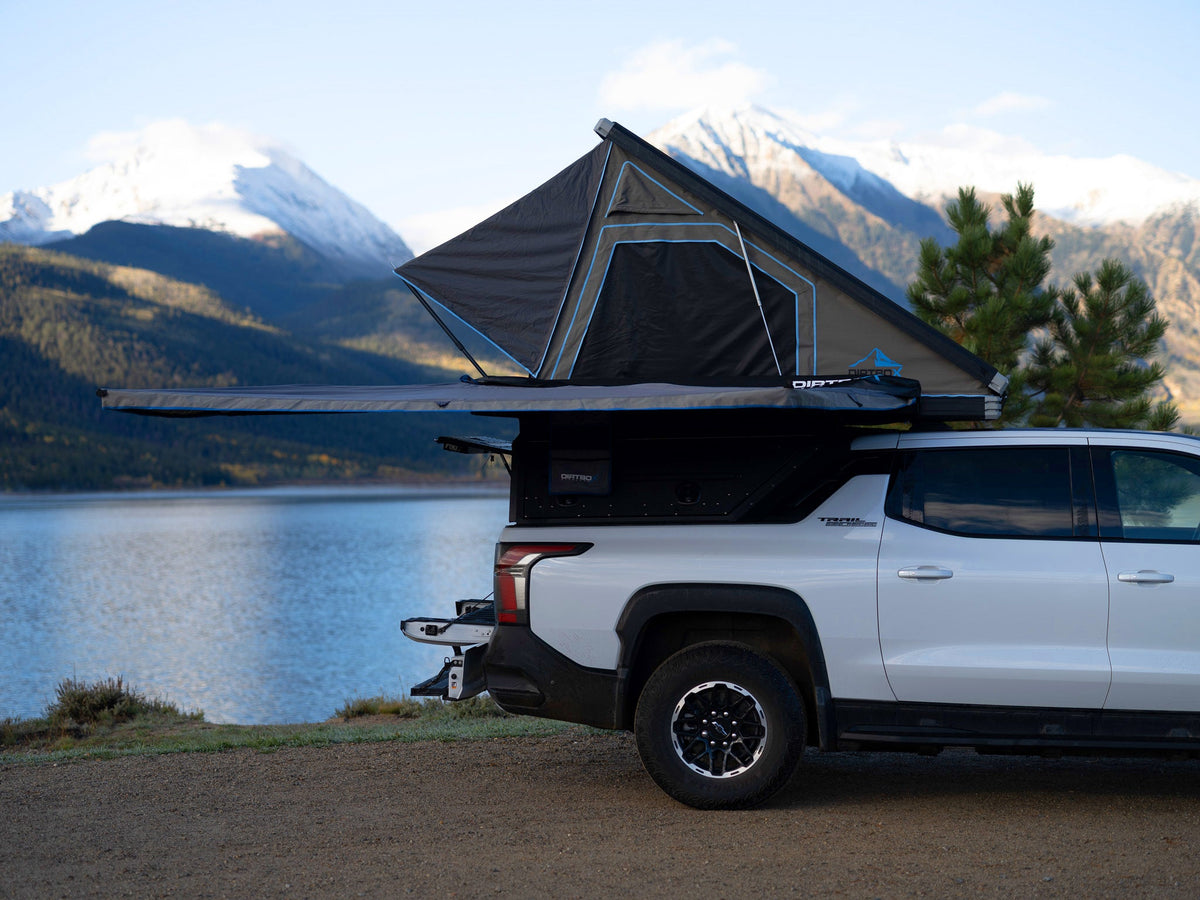 Dirtbox Overland EV pass-through canopy camper for Chevy Silverado EV and GMC Sierra EV