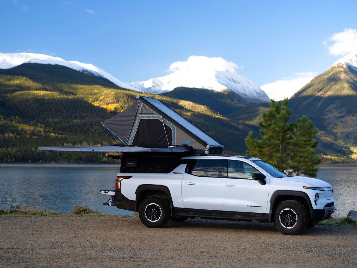 Dirtbox Overland EV pass-through canopy camper for Chevy Silverado EV and GMC Sierra EV