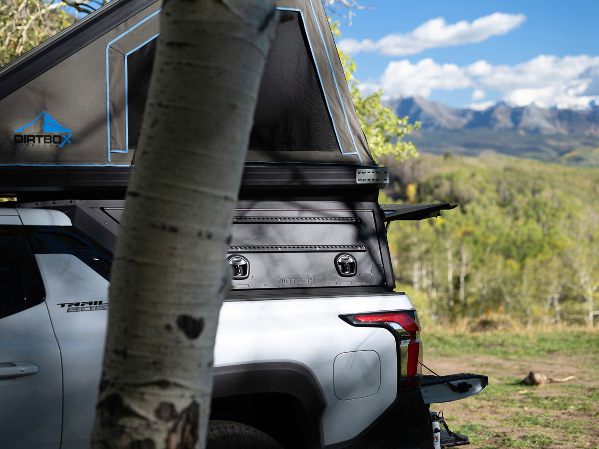 Dirtbox Overland EV pass-through canopy camper for Chevy Silverado EV and GMC Sierra EV