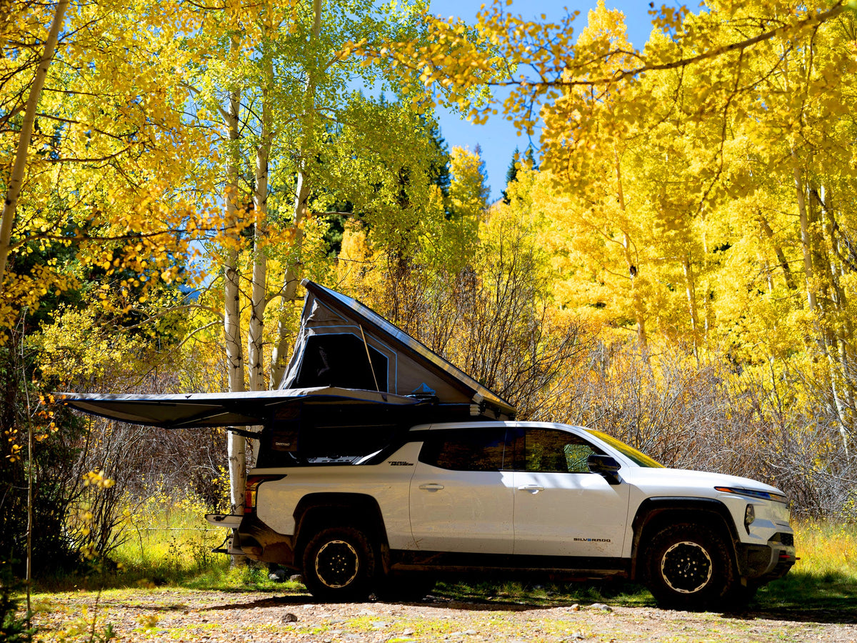 Dirtbox Overland EV pass-through canopy camper for Chevy Silverado EV and GMC Sierra EV