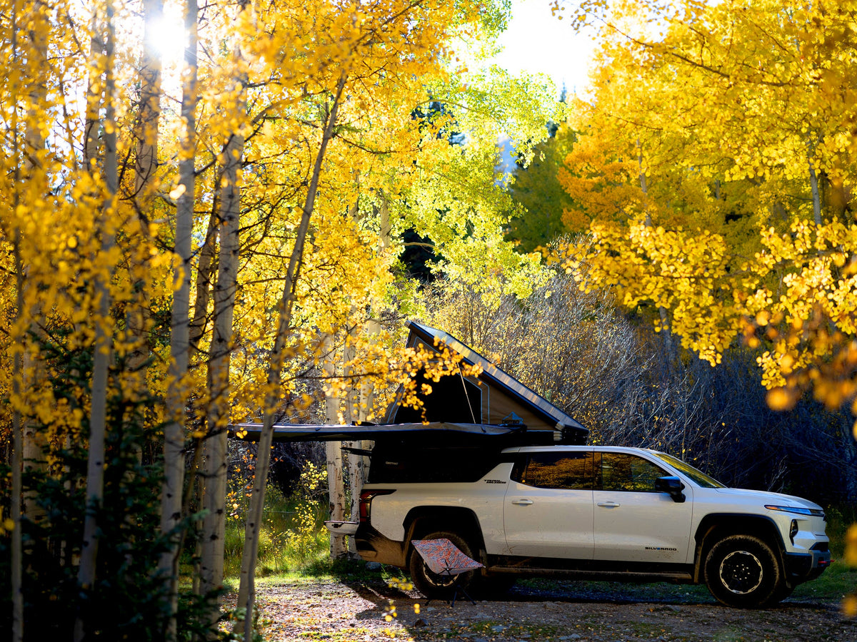 Dirtbox Overland EV pass-through canopy camper for Chevy Silverado EV and GMC Sierra EV