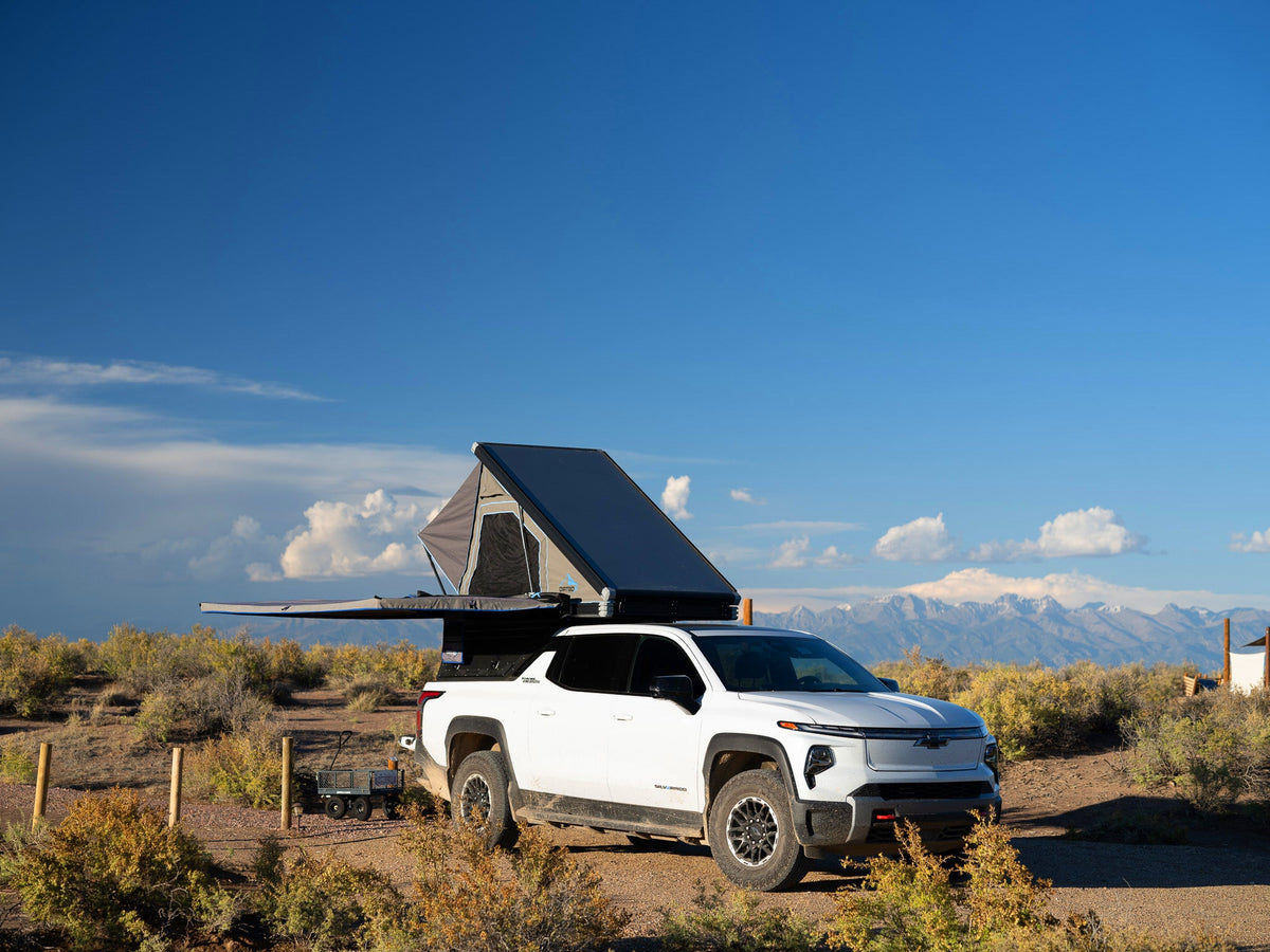 Dirtbox Overland EV pass-through canopy camper for Chevy Silverado EV and GMC Sierra EV