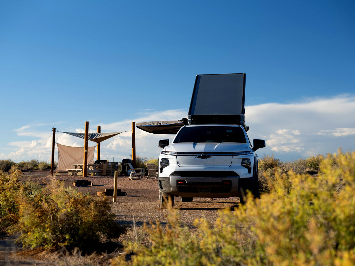 Dirtbox Overland EV pass-through canopy camper for Chevy Silverado EV and GMC Sierra EV