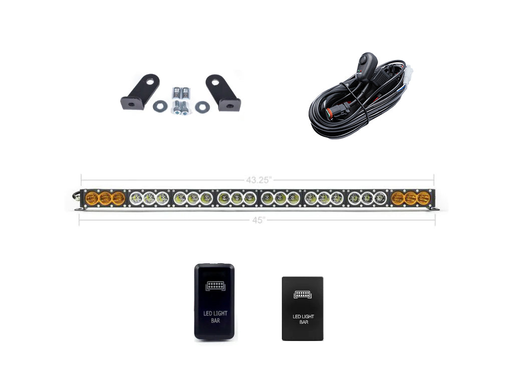Dual function amber white LED light bar with mounting brackets, wiring, and switches