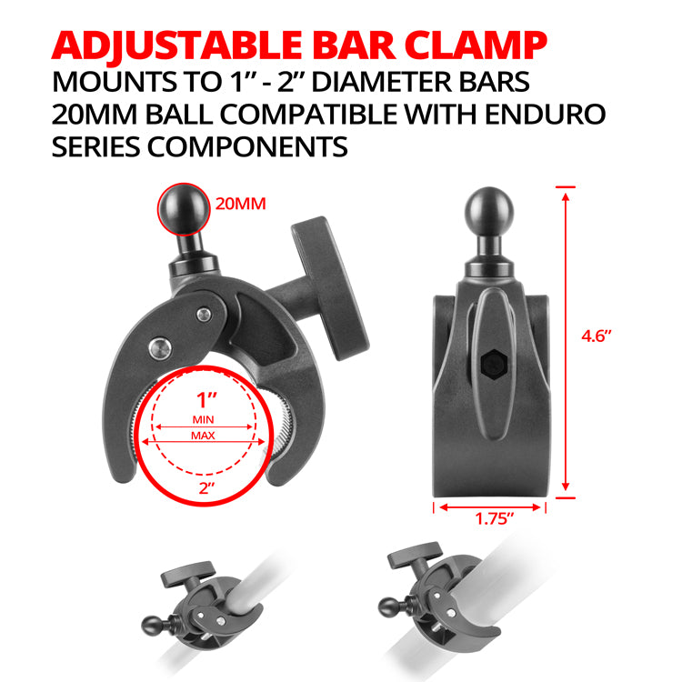Tackform quick release bar clamp for 1 to 2 inch bars with 20mm ball