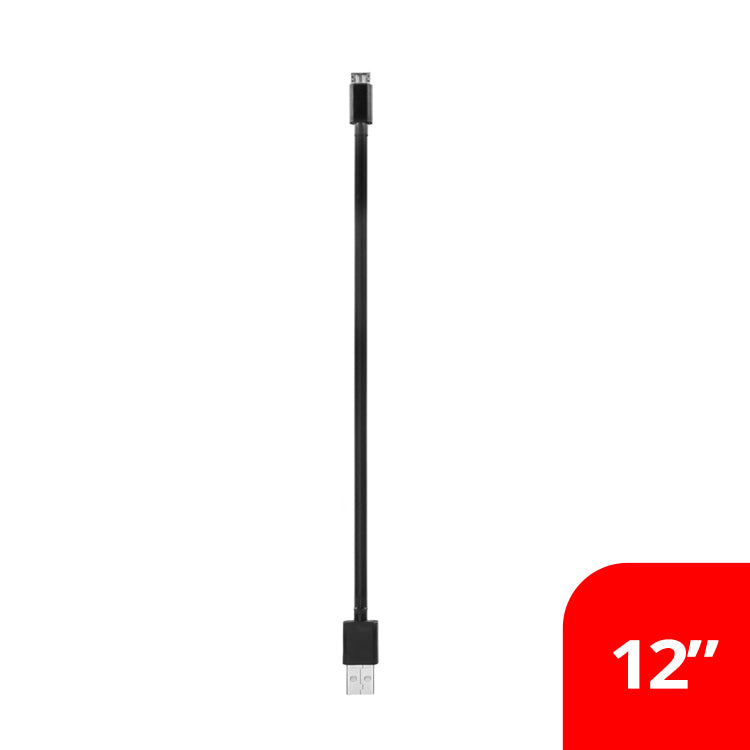 12 inch black USB extension cable on white background, accessory for camping vehicles