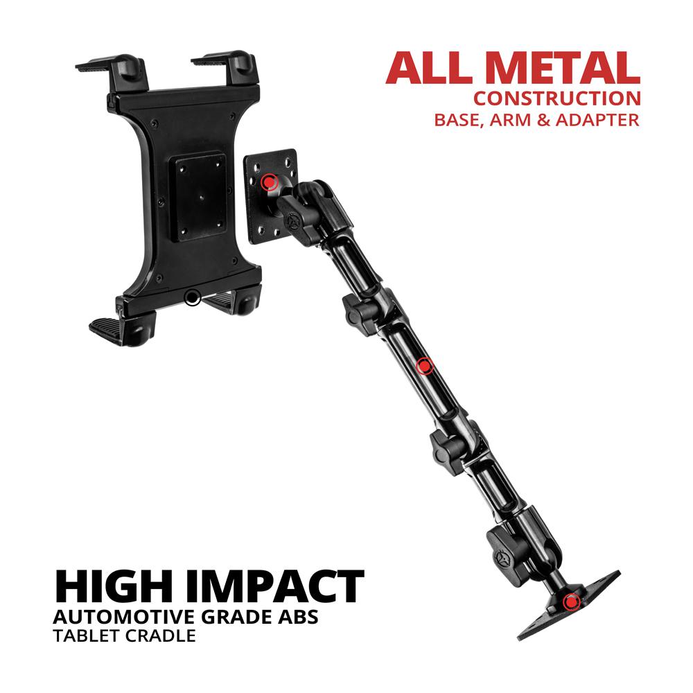 Tackform drill base tablet mount with 10.5 inch arm for universal fit