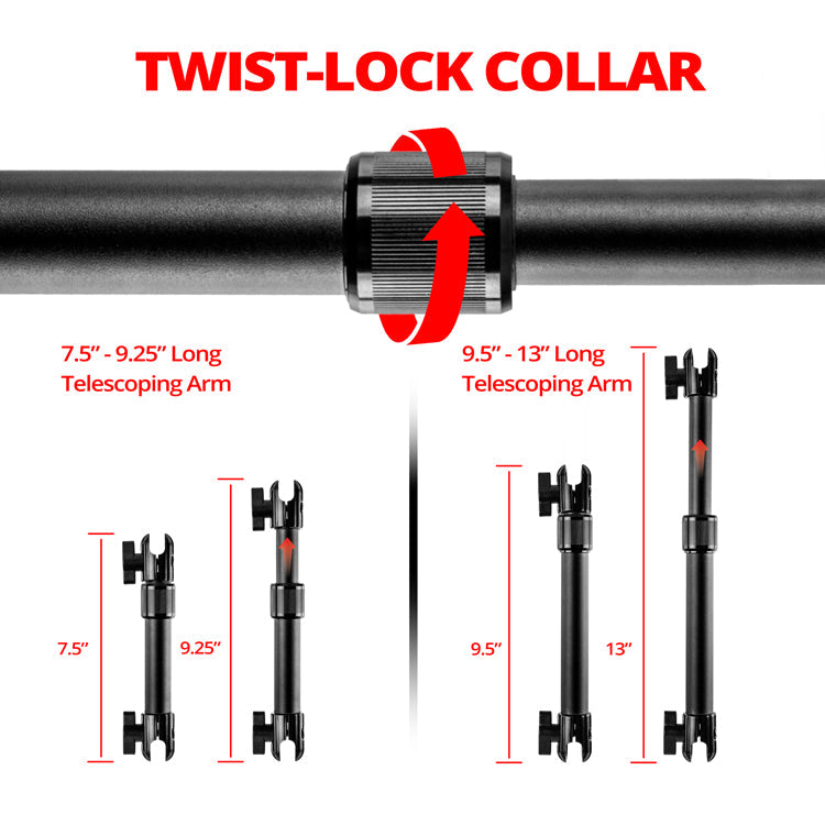Tackform telescoping aluminum arm with dual 20mm sockets for universal fit