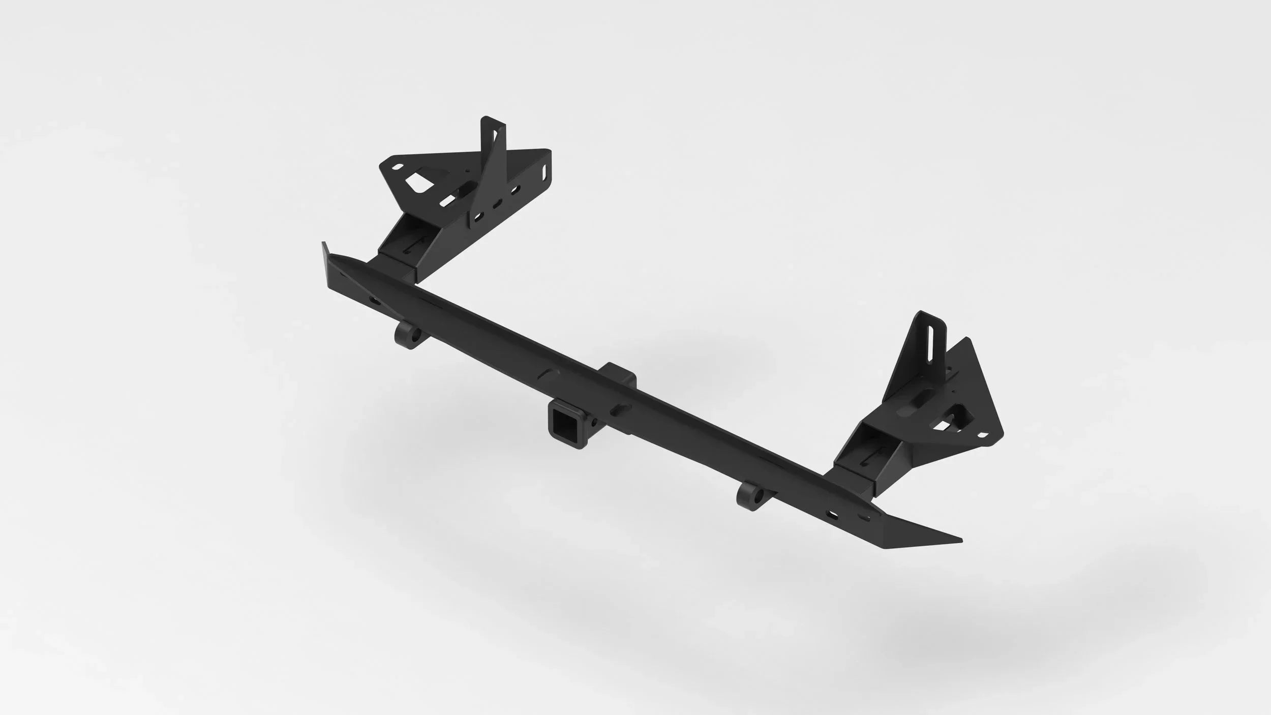 Heavy-duty off-road vehicle hitch receiver mount with black powder-coated finish, isolated on white