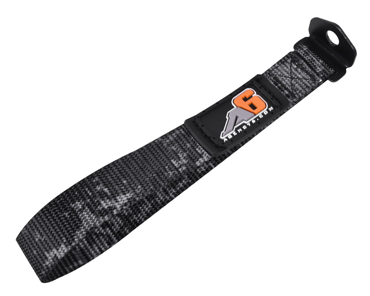 Heavy-duty black and grey tow strap with reinforced loop for off-road vehicles