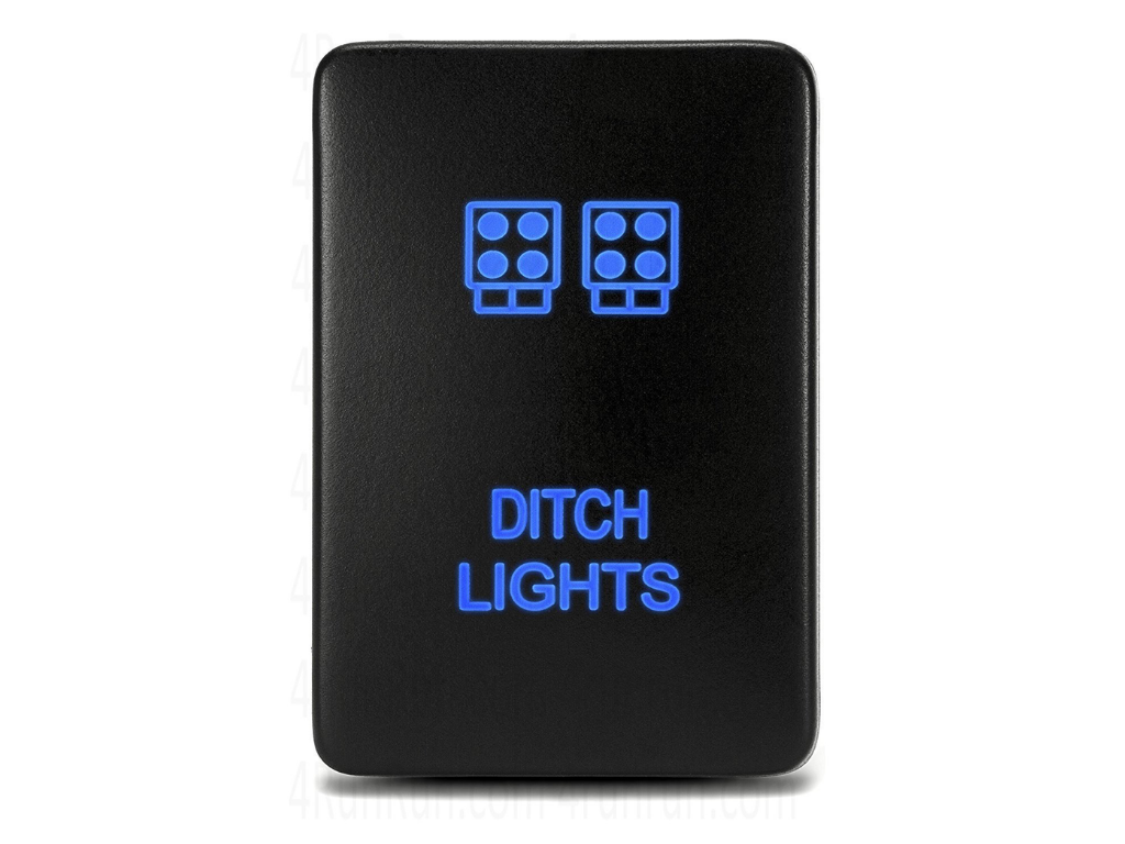 Black ditch lights switch for off-road vehicles, blue LED symbols and text