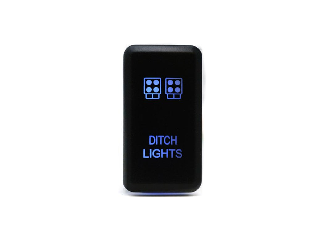 Black rocker switch with blue LED labels for ditch lights, off-road vehicle accessory