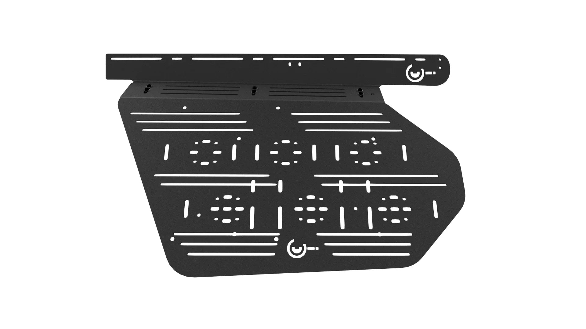 Black metal molle panel storage mount with slots and cutouts, for overland vehicles