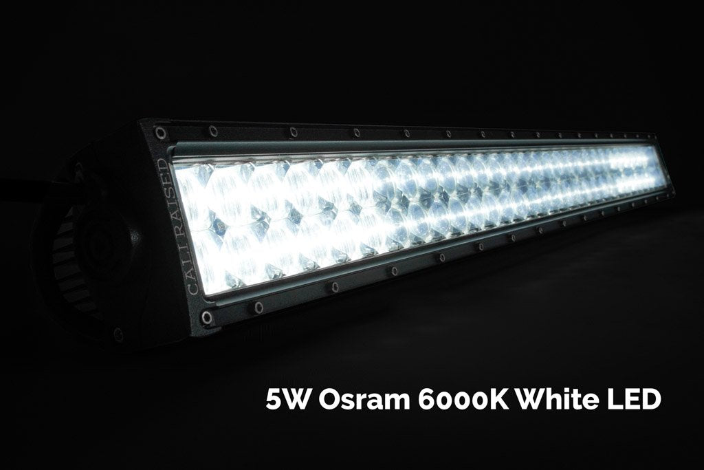 Dual row 5W Osram 6000K white LED light bar illuminated on black background, off-road accessory