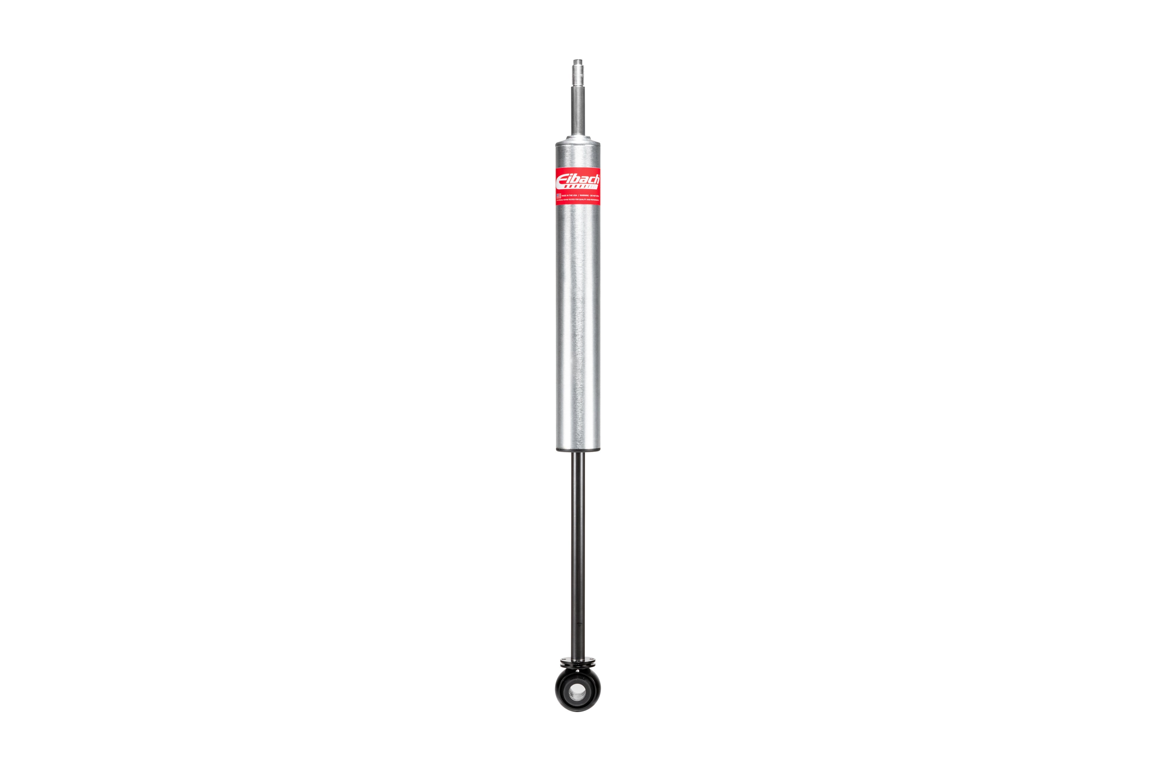 Eibach silver shock absorber for off-road vehicles, front view on white background