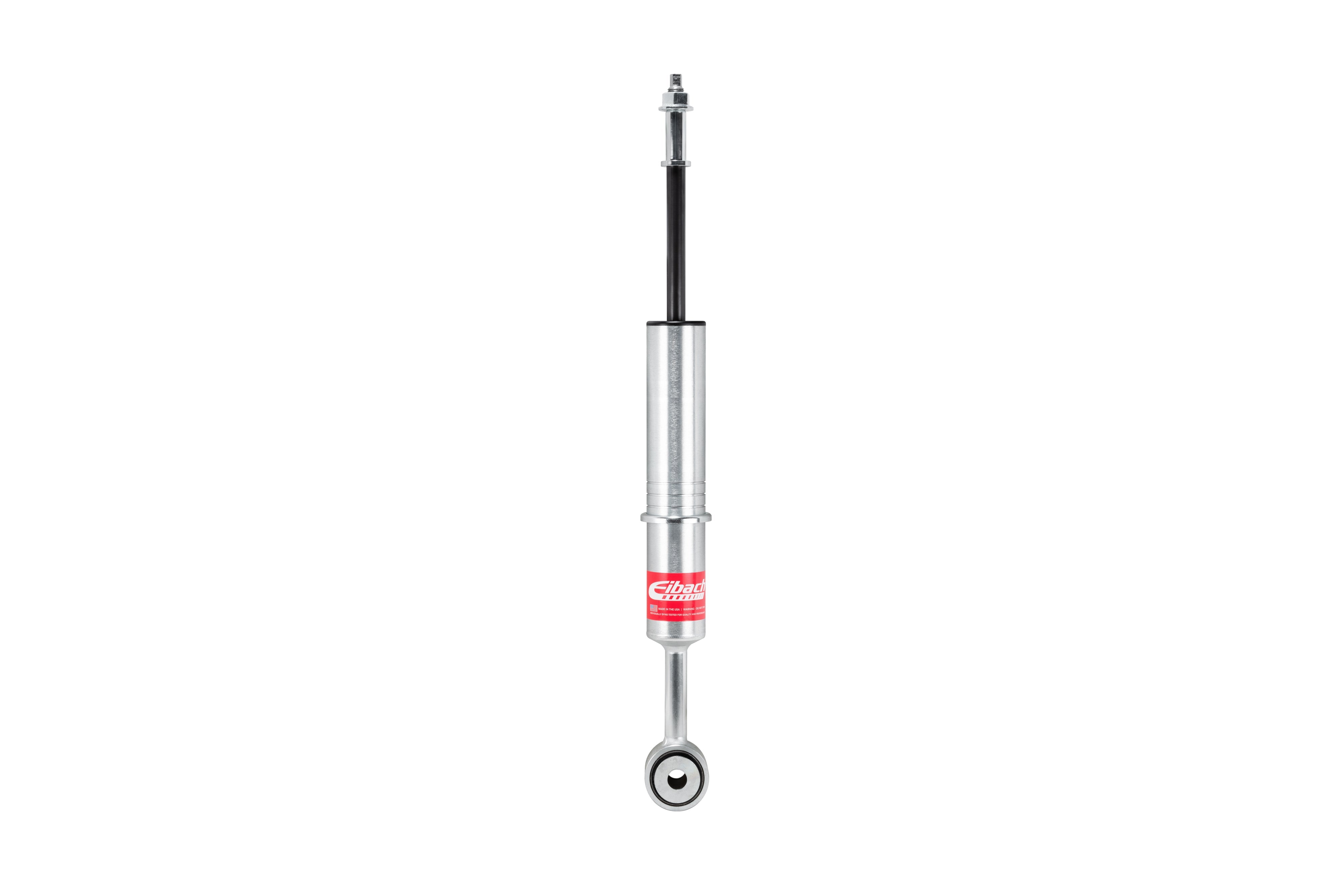 Heavy-duty vehicle suspension shock absorber with silver body on white background