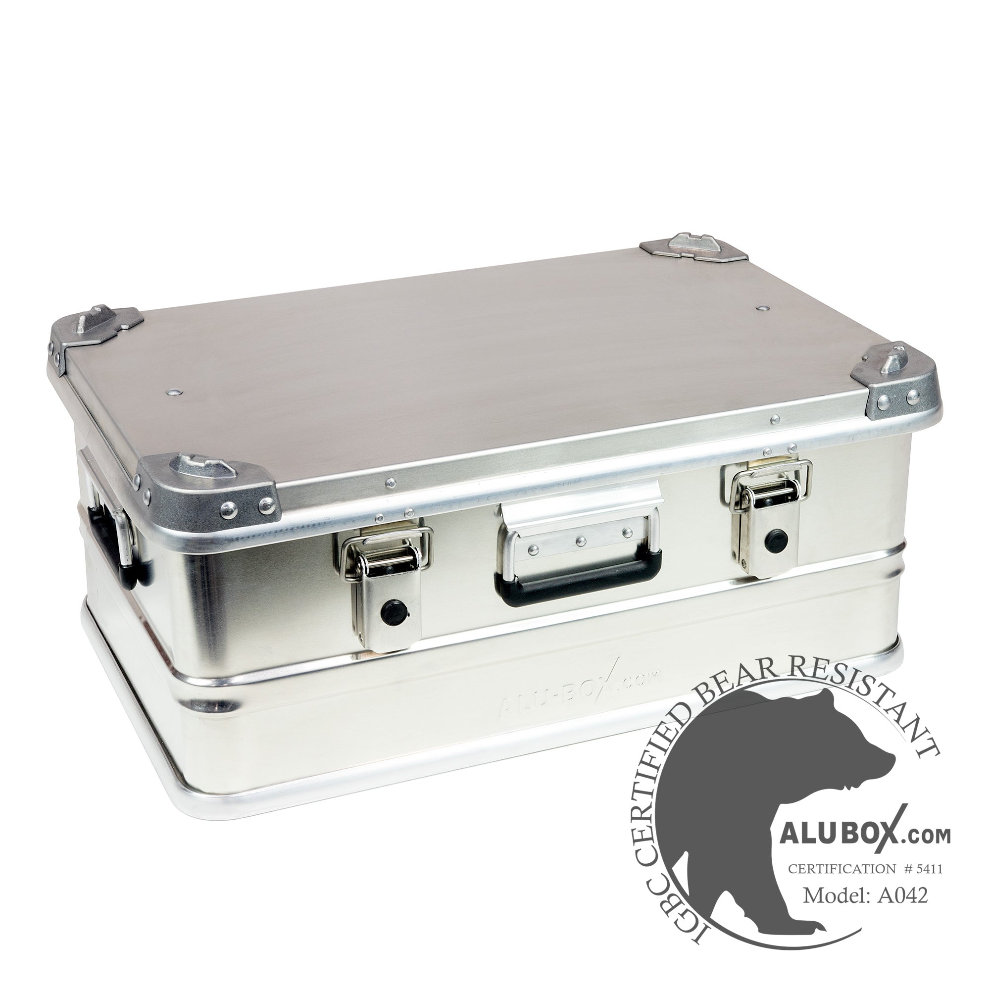Aluminum storage box with secure latches, 42L capacity, bear resistant certification seal