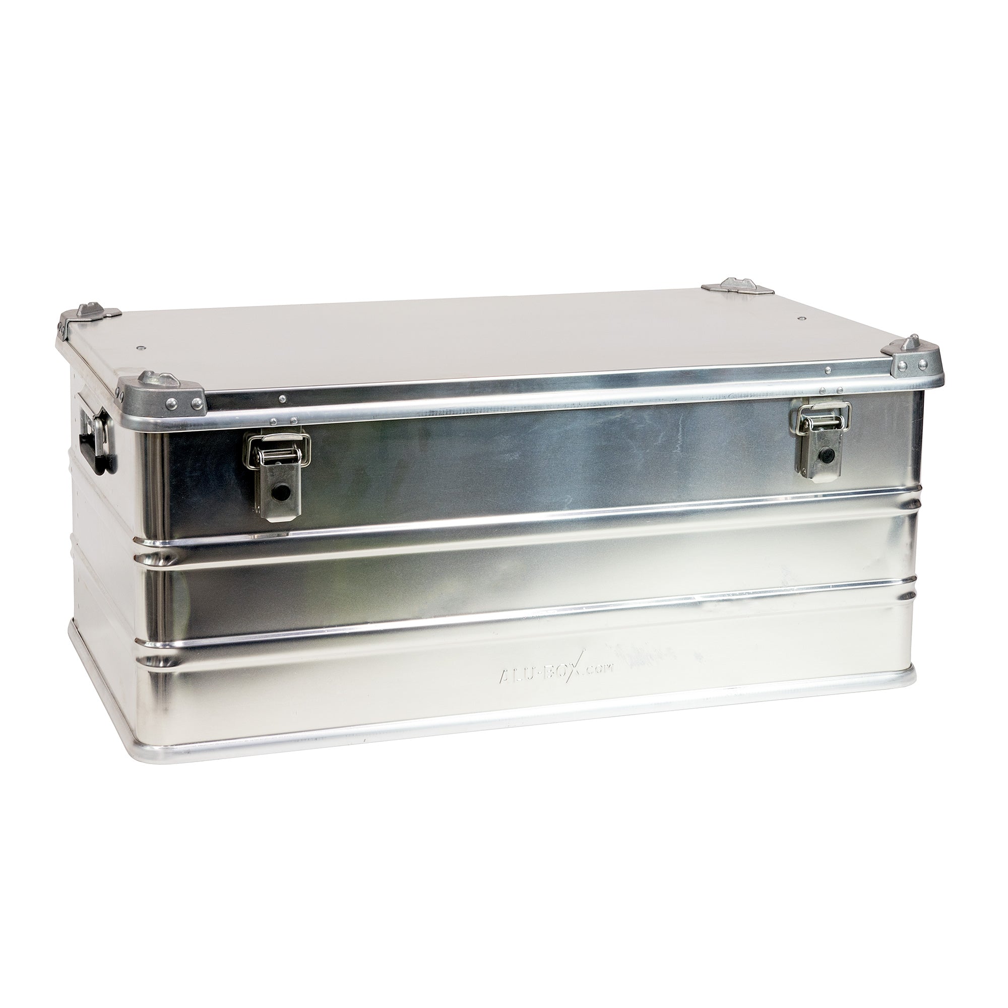 Aluminum storage box with secure latches for overlanding and camping gear organization