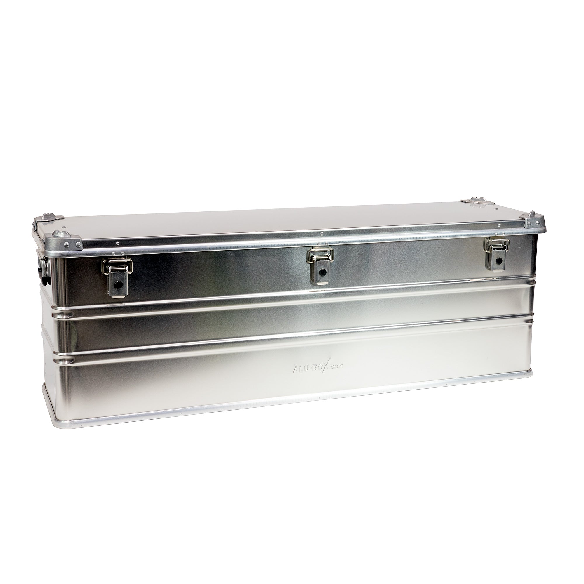 Heavy-duty aluminum storage box with metal latches, ideal for overlanding gear