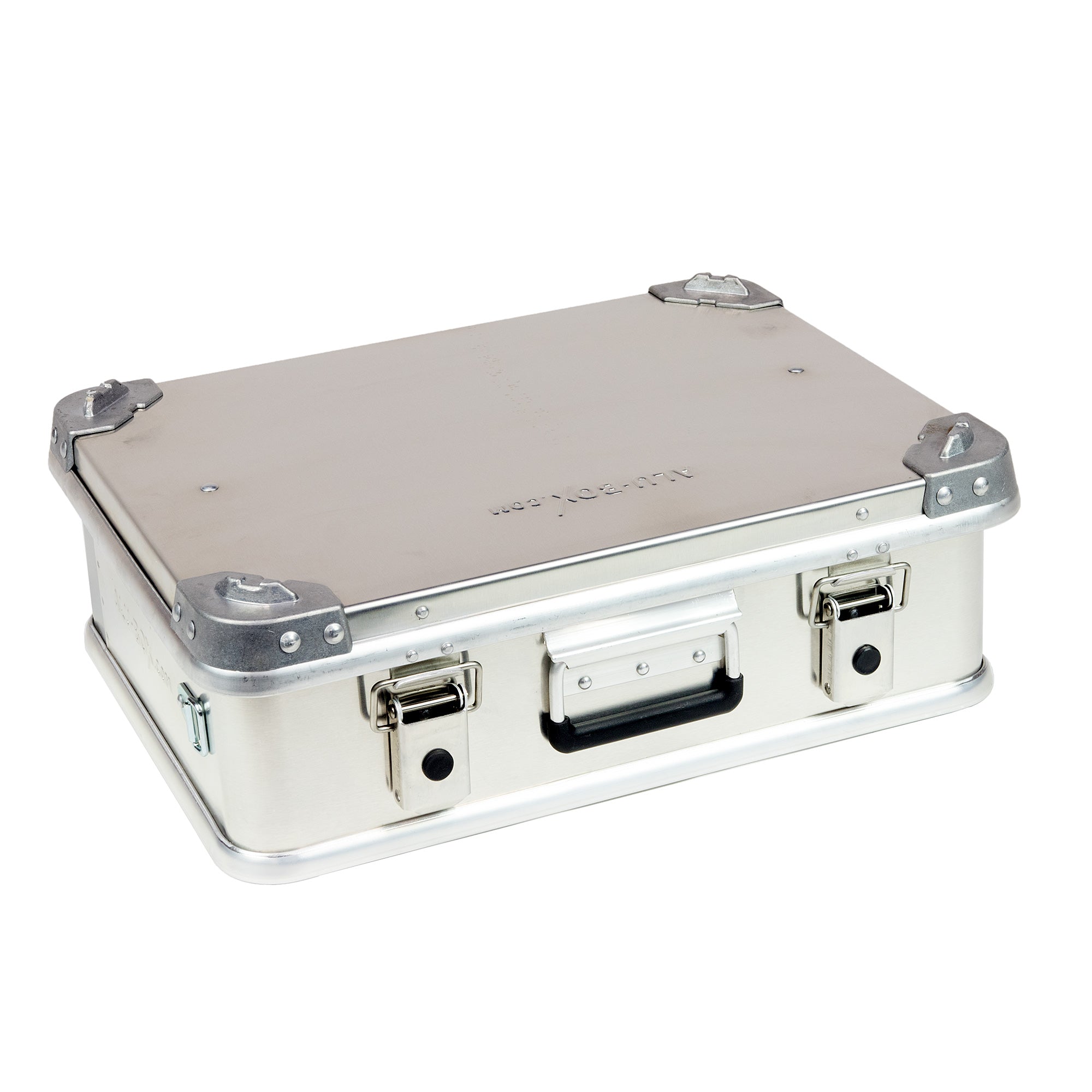 Aluminum storage box 23L with reinforced corners and latch locks, ideal for overlanding gear