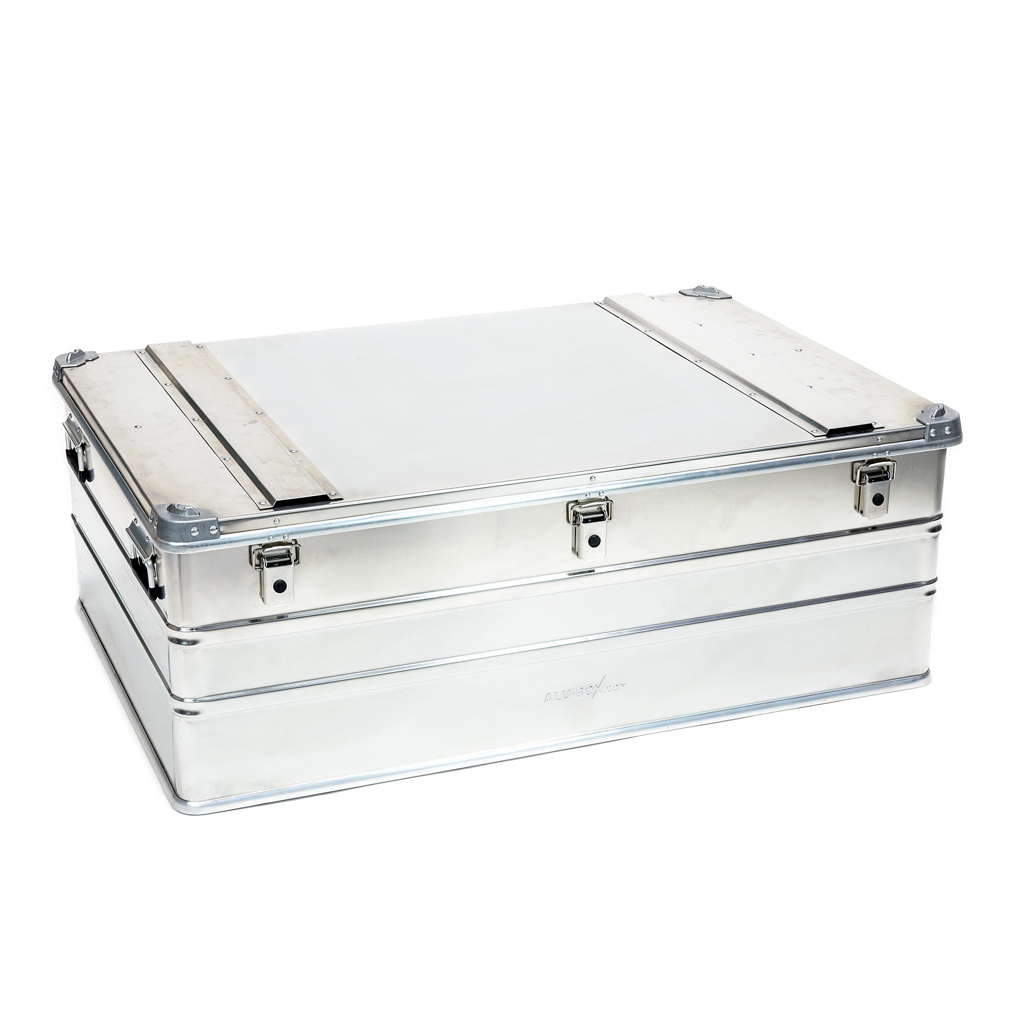Aluminum storage box with latches for overlanding gear and camping equipment