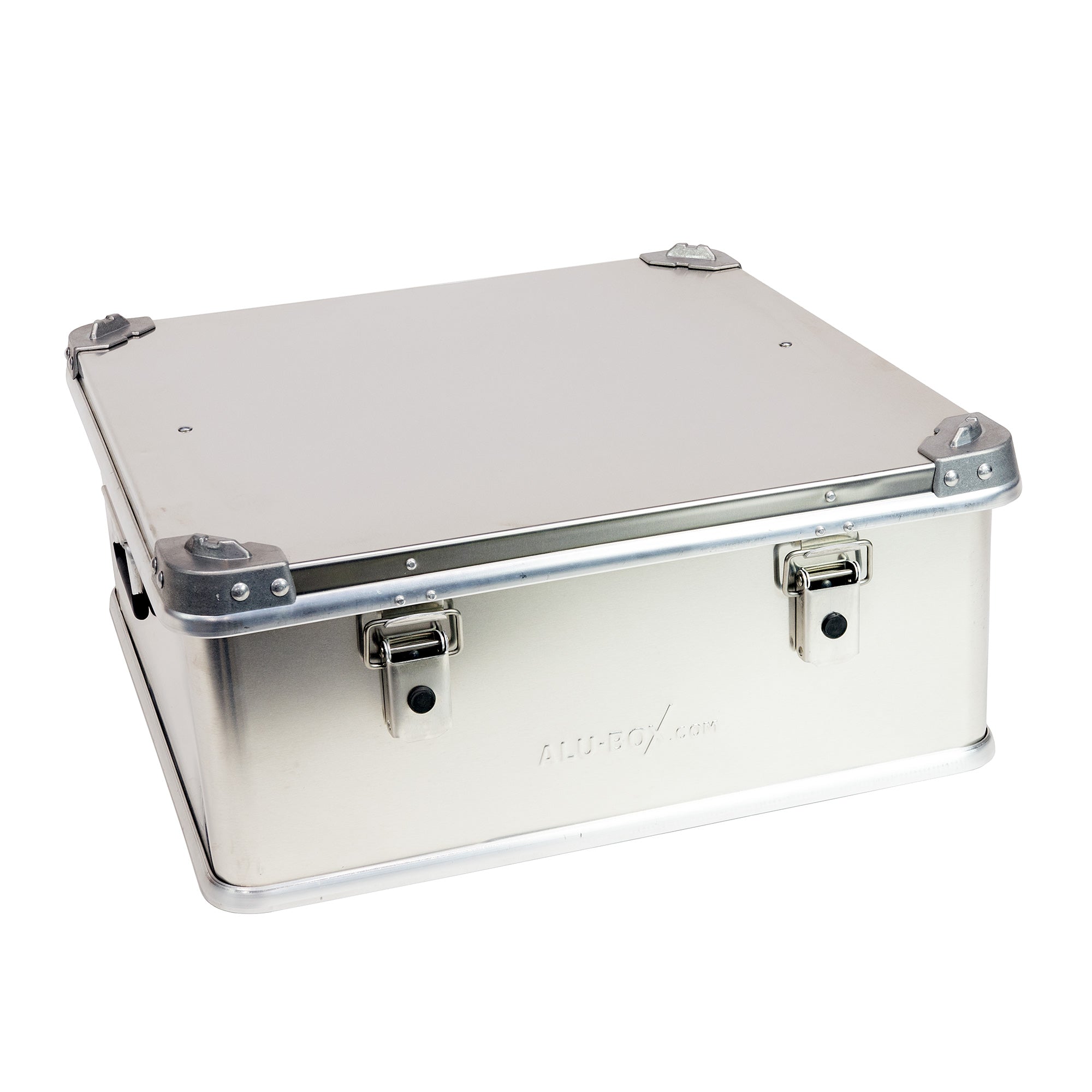 Aluminum storage box with reinforced corners and secure latches for overlanding gear