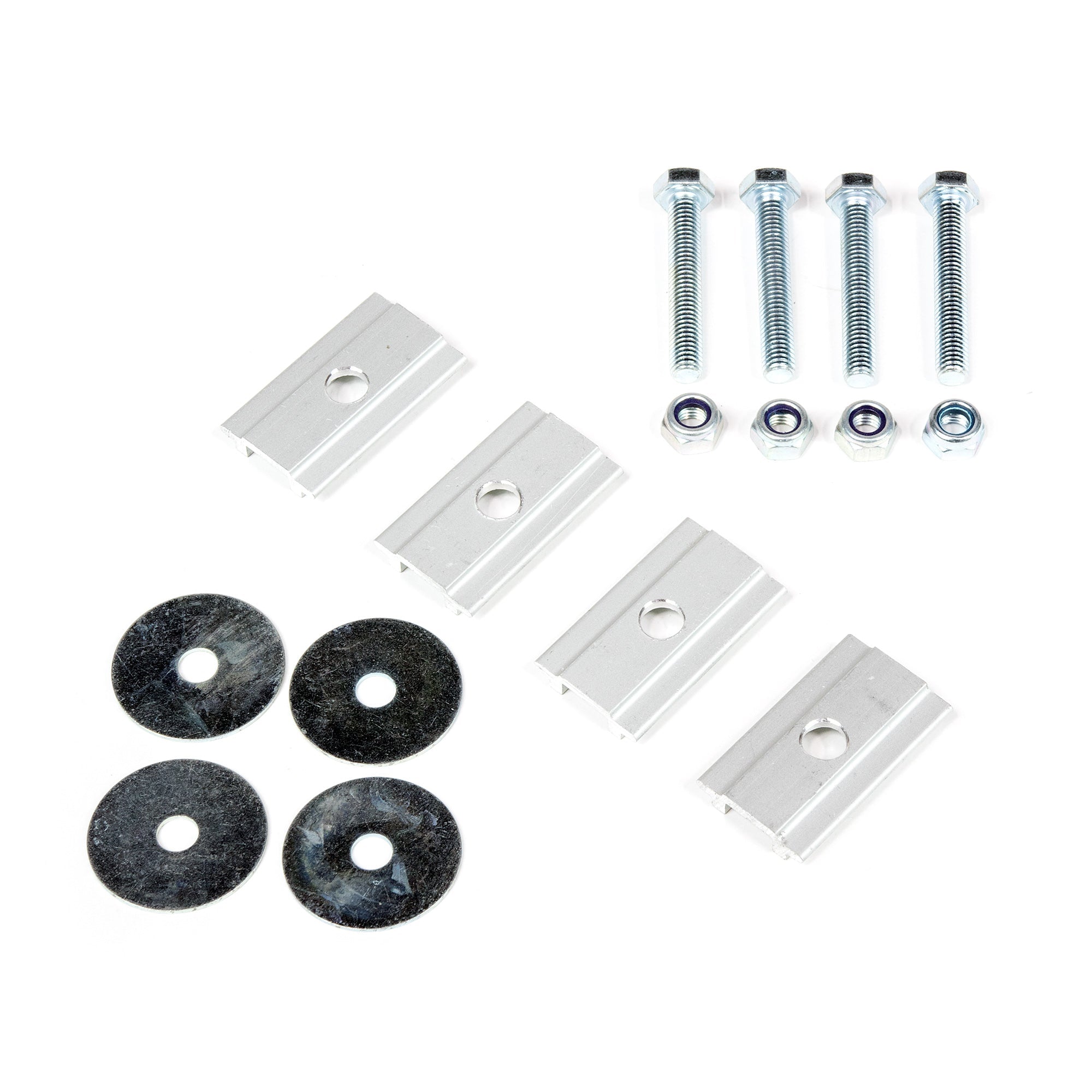 Roof top tent installation hardware kit with bolts, washers, brackets, and nuts on white background