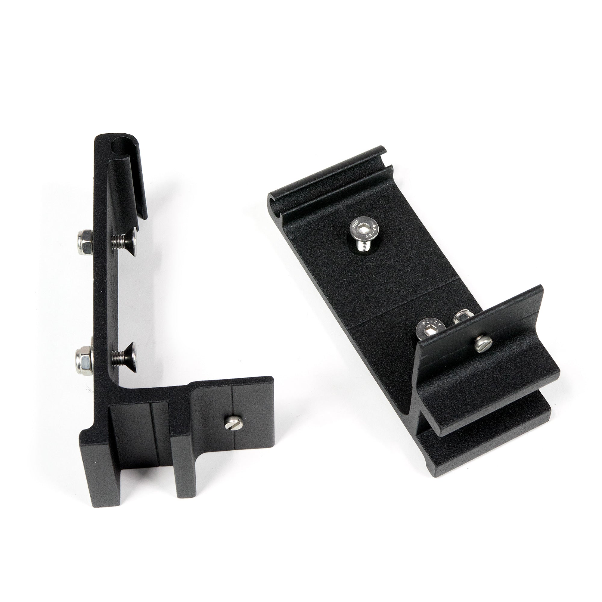 Black metal awning mounting brackets with bolts for overland vehicle accessories