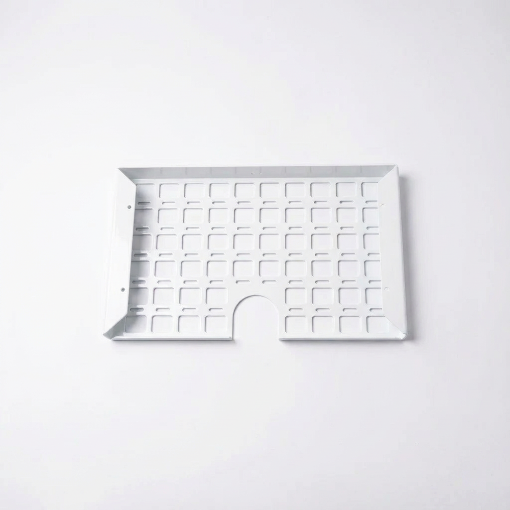 White metal cargo storage tray with square cutouts for vehicle organization