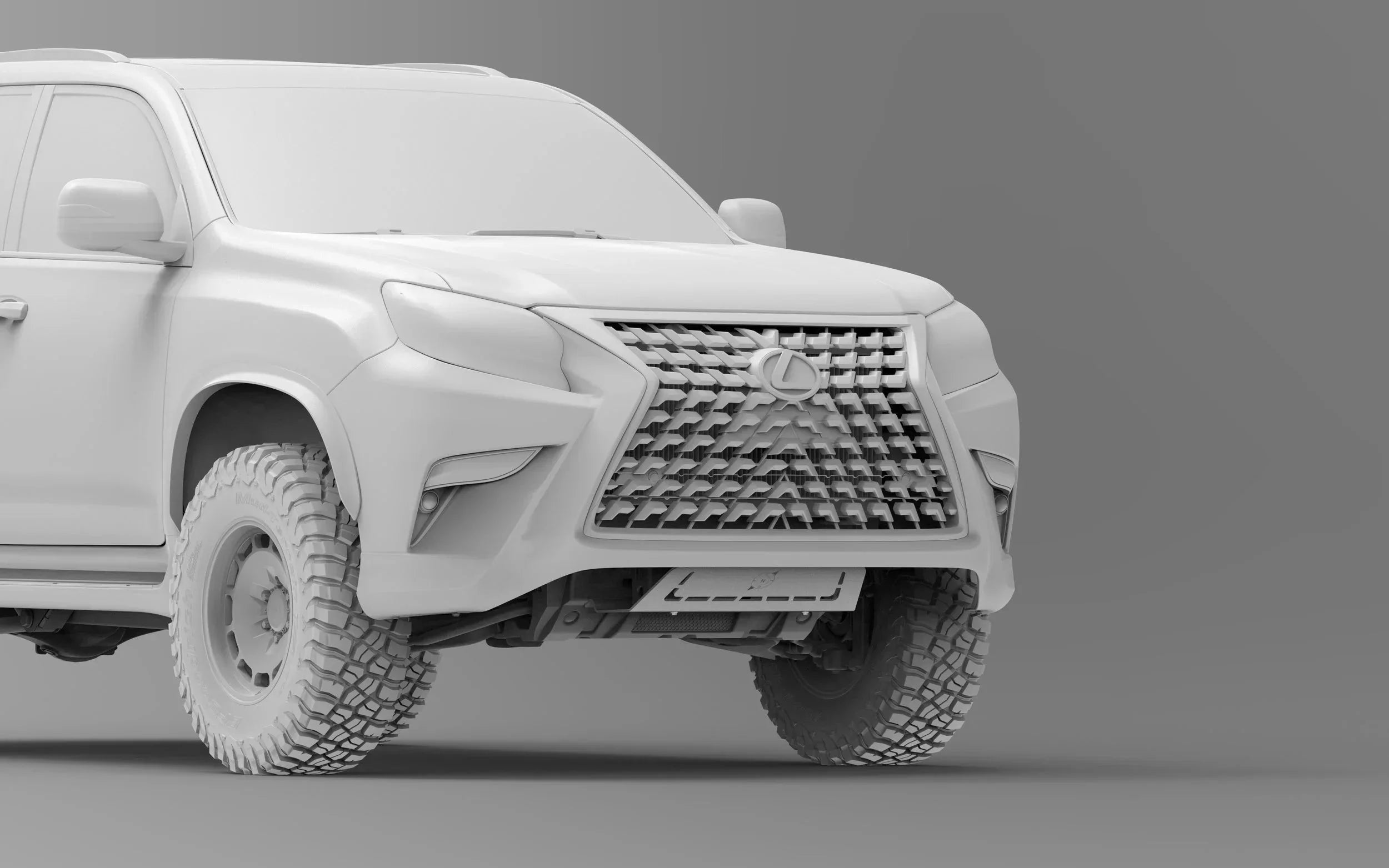 Off-road SUV with rugged tires and detailed grille in a monochrome 3D render