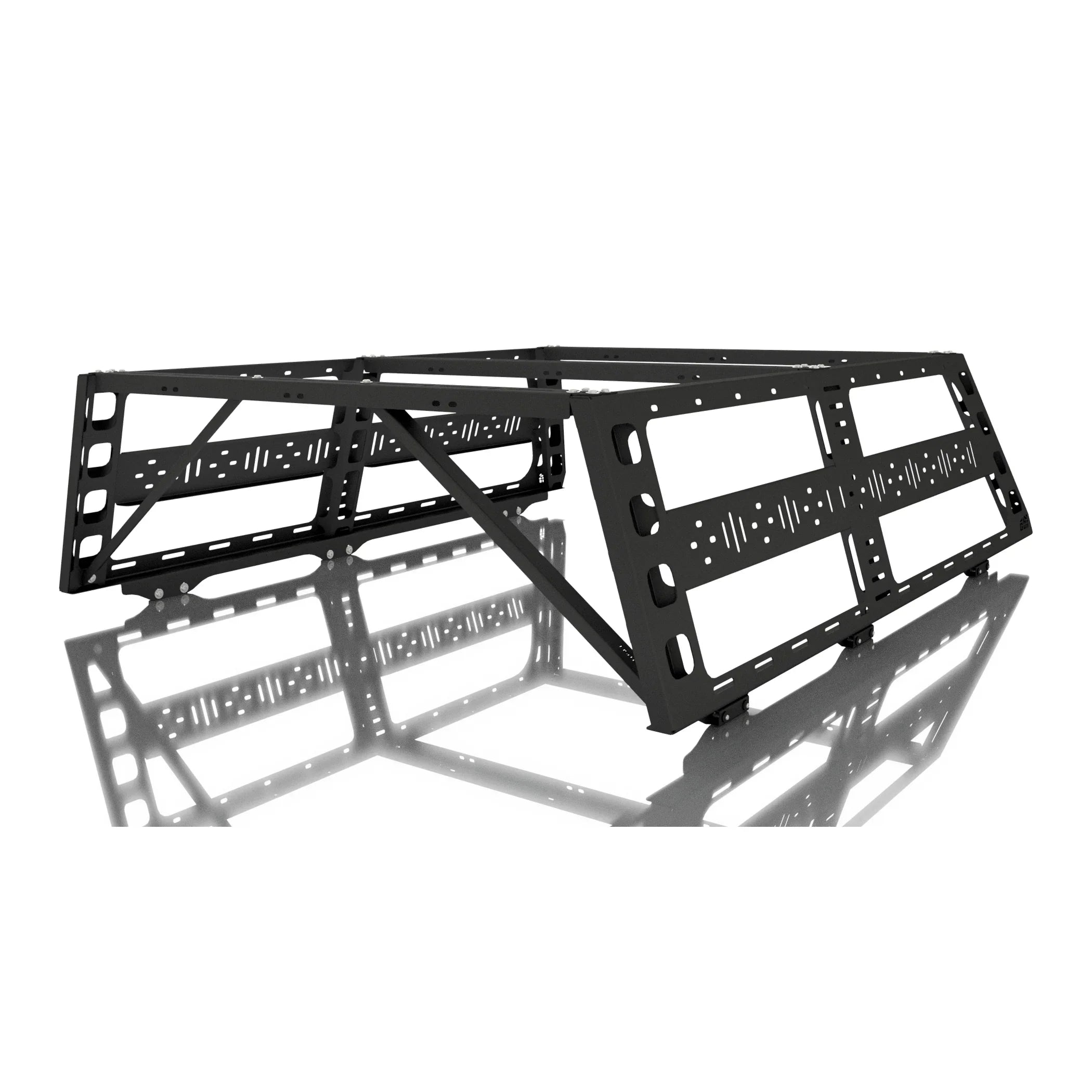Heavy-duty modular truck bed rack for Ford F-150, black metal, overlanding gear