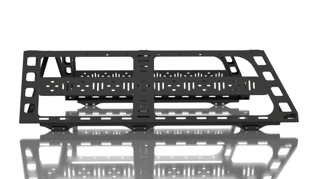 Heavy-duty black bed rack system for Ford F-150 truck, modular overland gear carrier