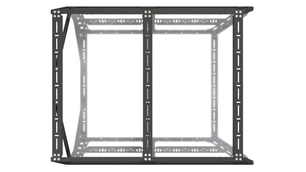 Steel truck bed rack frame viewed from above, designed for overlanding and camping gear
